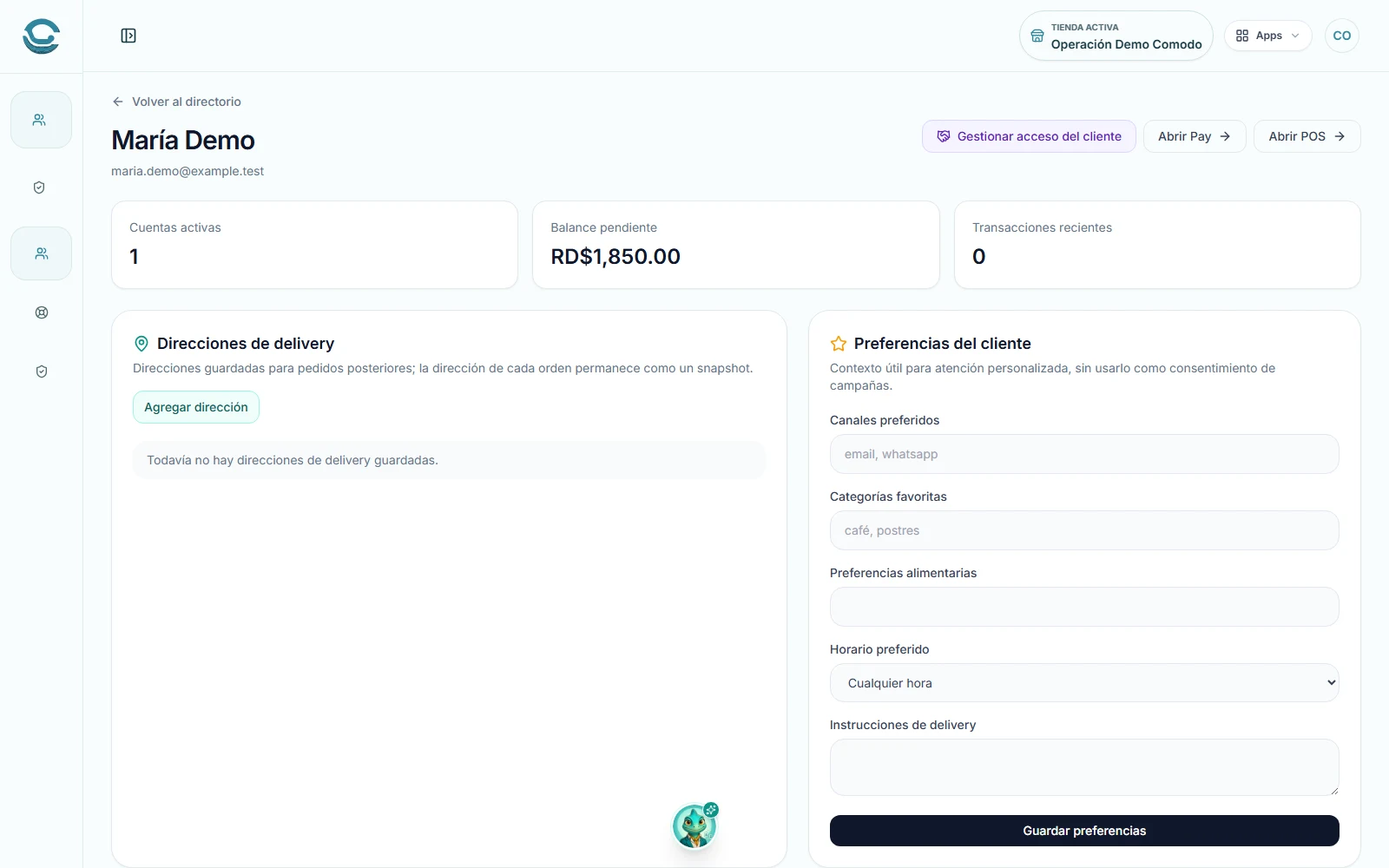 Vista real del perfil de cliente en Comodo CRM con balance y preferencias