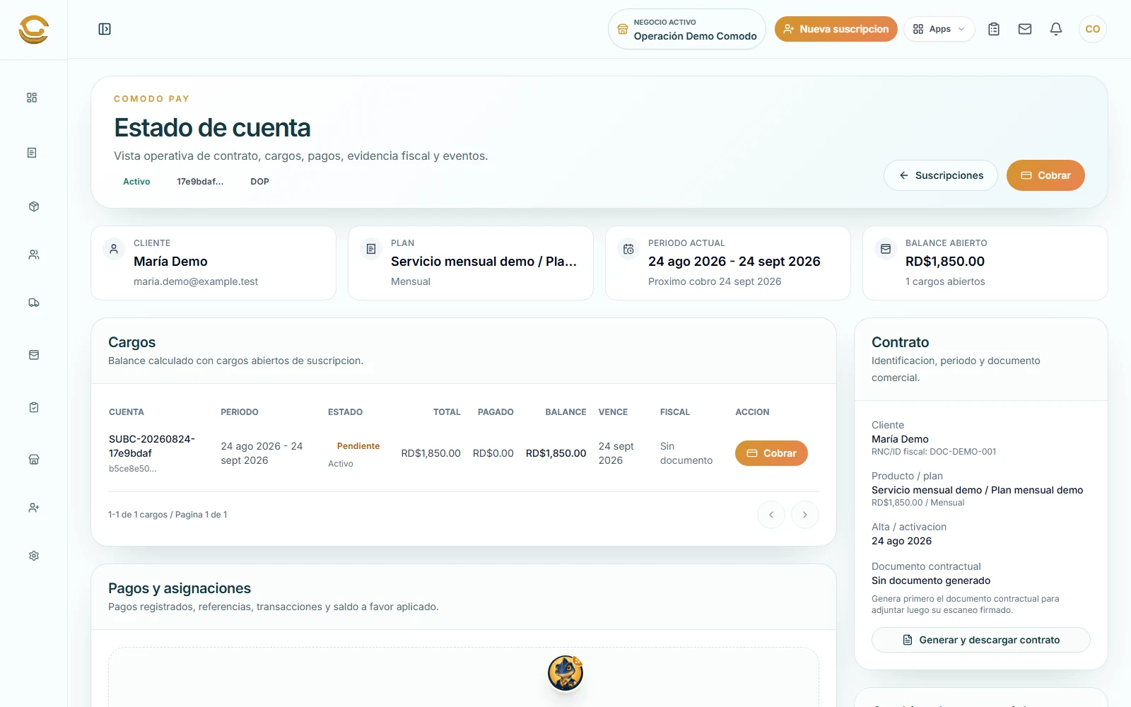 Vista real de Comodo Pay con contrato, vencimiento, cargo y balance abierto