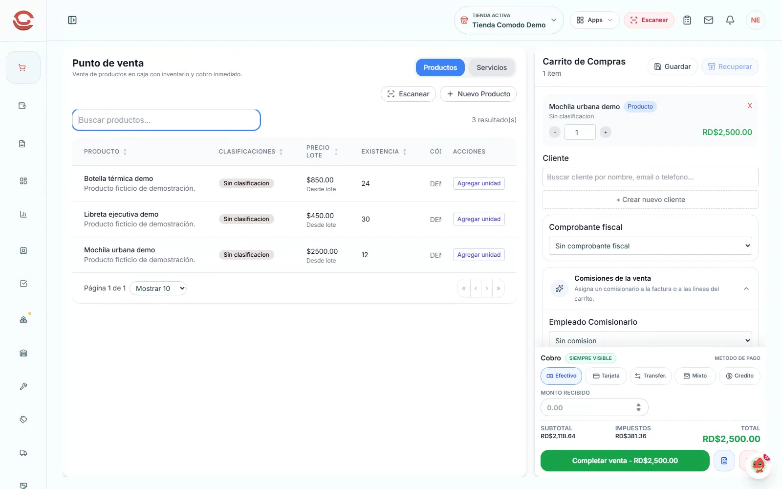 Vista real de Comodo POS con catálogo, carrito y opciones de cobro